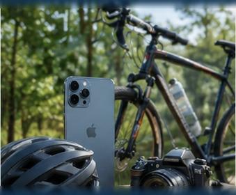 Capacete, celular, bicicleta e câmera fotográfica, representando a proteção de Celulares, Bikes e Equipamentos Rinaldi Torres