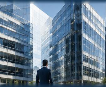 Executivo diante de edifícios corporativos iluminados, representando a proteção do Seguro Empresarial Rinaldi Torres